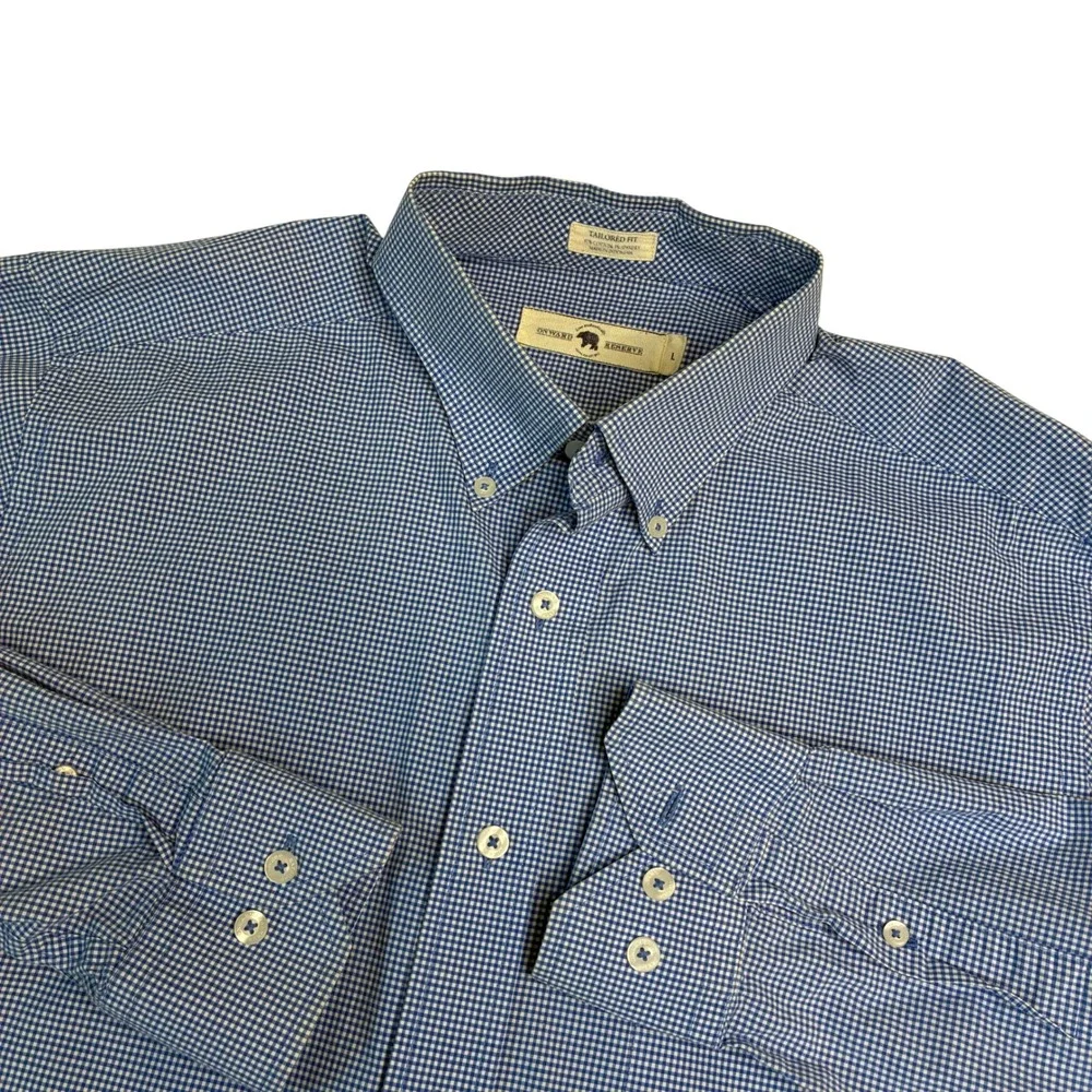 Onward Reserve Mens Button Down Shirt‎ Blue Gingham Tailored Fit Long Sleeve L